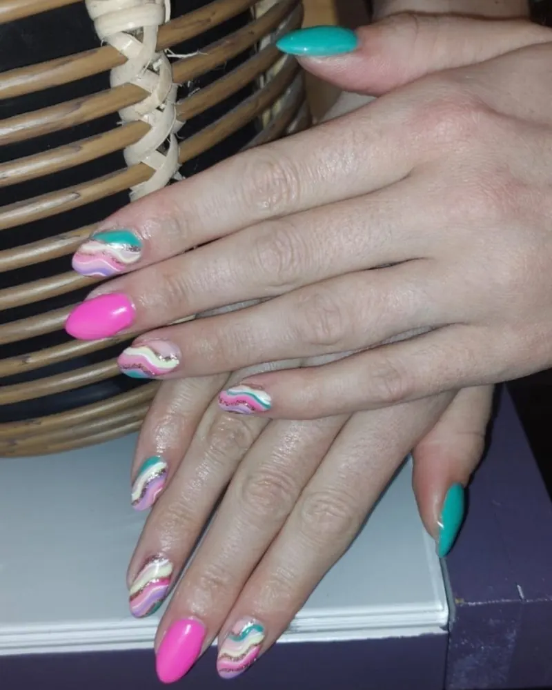 Bright swirl nail art by Amy at Plum Nail Bar