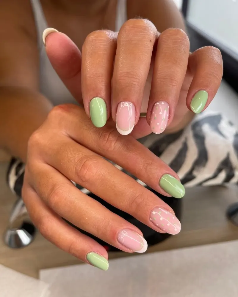 Pastel green and blush almond nails by Gabriela at Plum Nail Bar